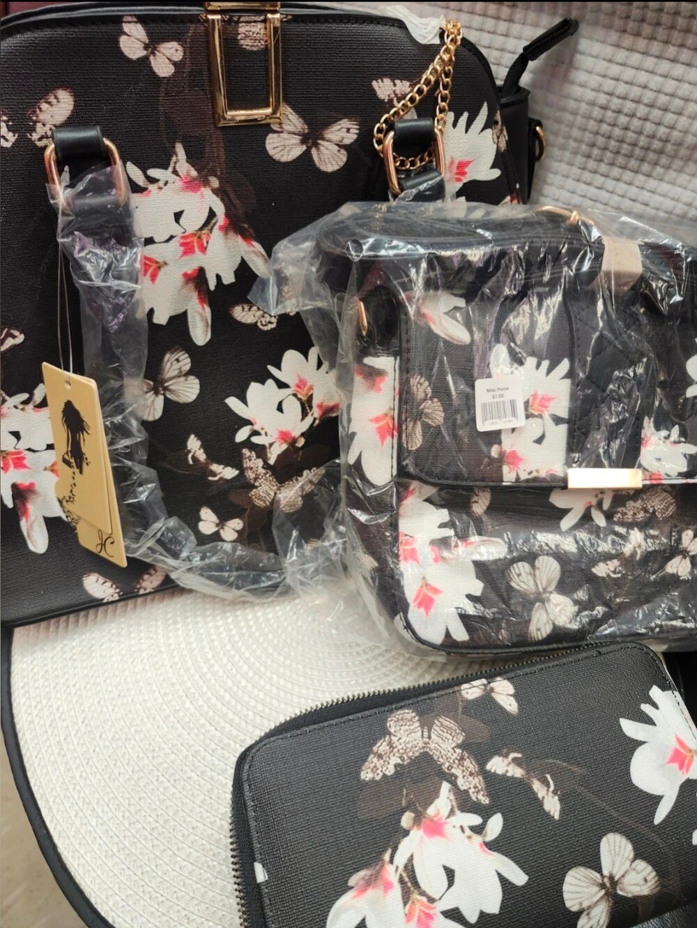 Black Floral Butterfly Tote Crossbody Wallet Set